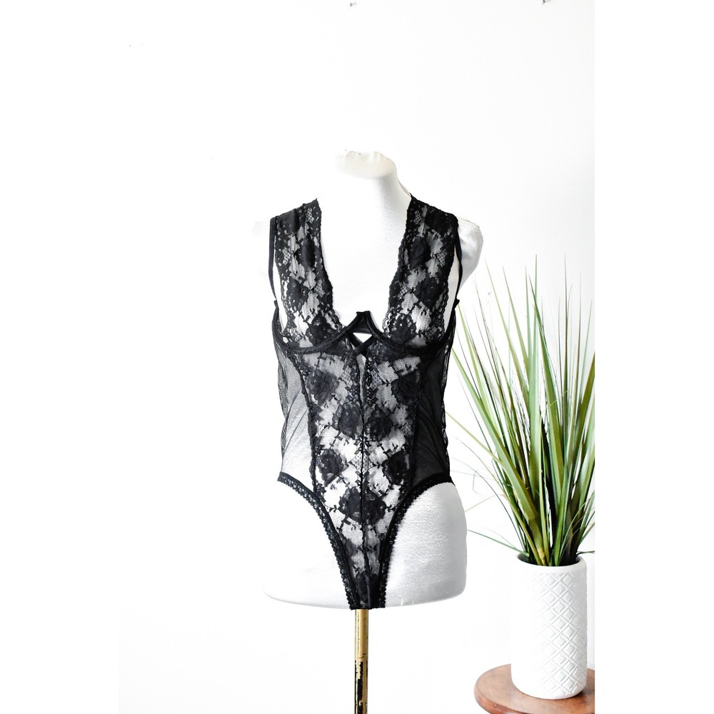 Fredericks of Hollywood Bodysuit Women XL Black Modern Lace Mesh Strappy Thong